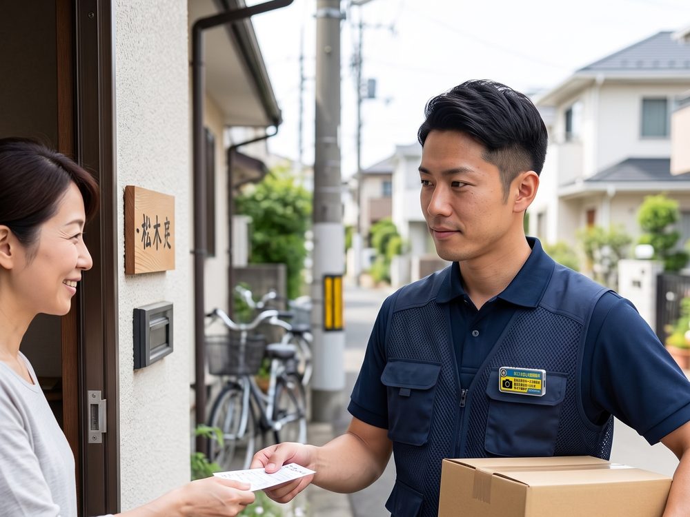 配達先で荷物を届けるCareMemoryを着けた配達員