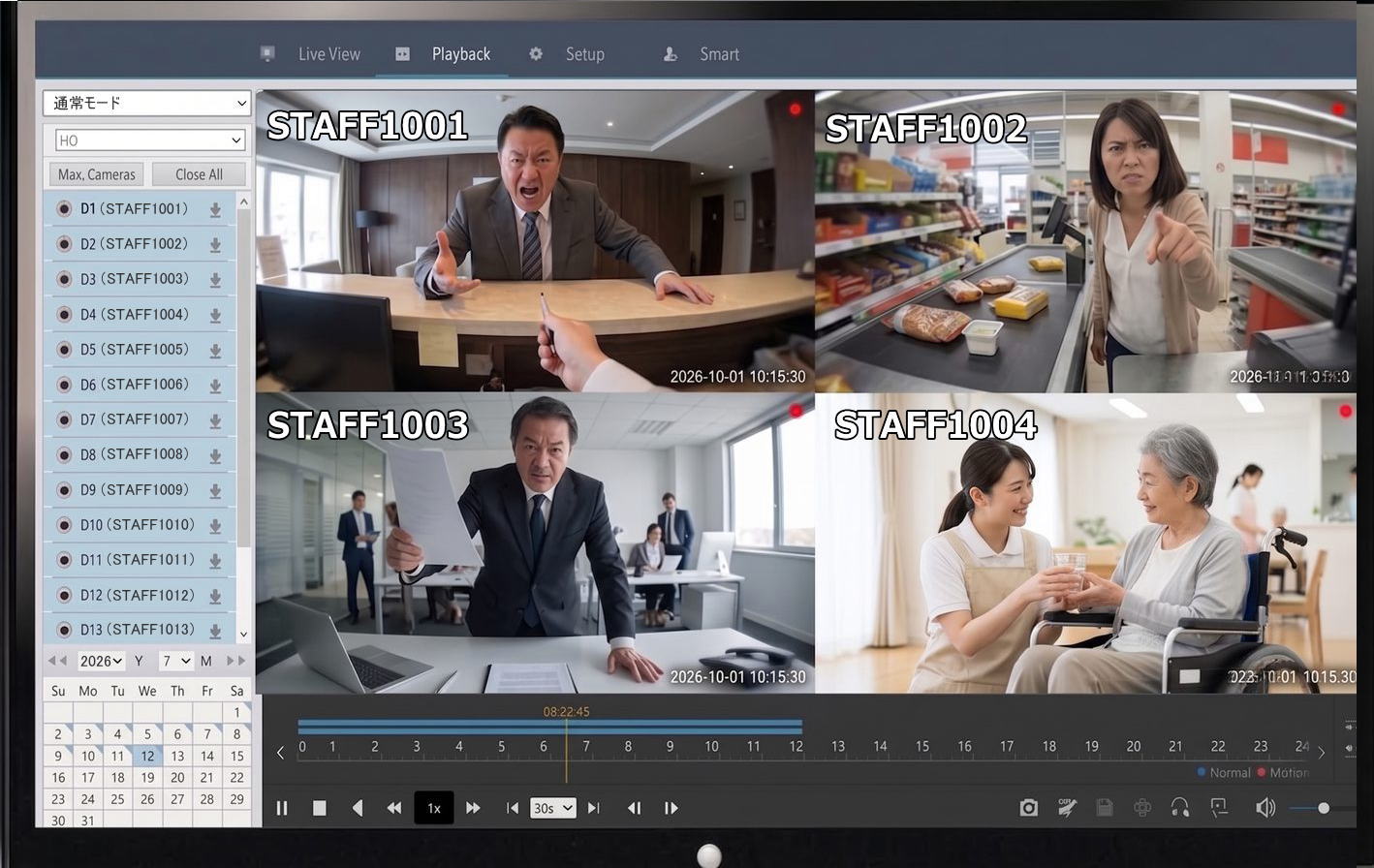 専用アプリケーションの管理画面。4人のスタッフの映像を同時に表示