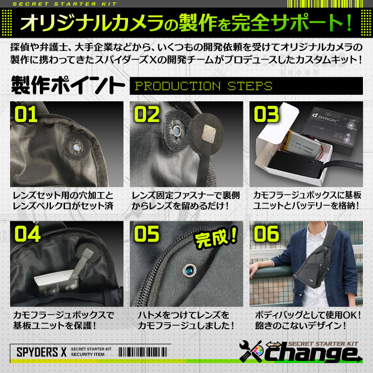 スパイダーズX change 小型カメラ ボディバッグ ブラック シークレットキット 防犯カメラ 3.2K スパイカメラ CK-002A
