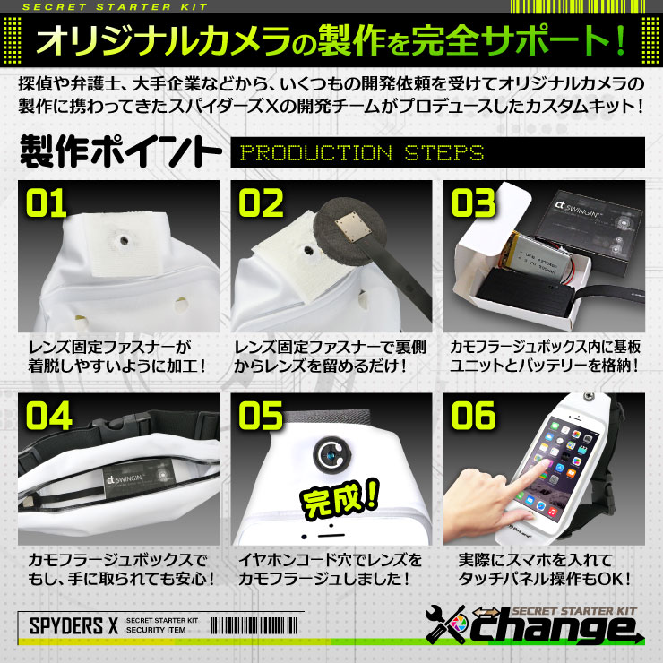 スパイダーズX change 小型カメラ ランニングポーチ ホワイト シークレットキット 防犯カメラ 3.2K スパイカメラ CK-004A
